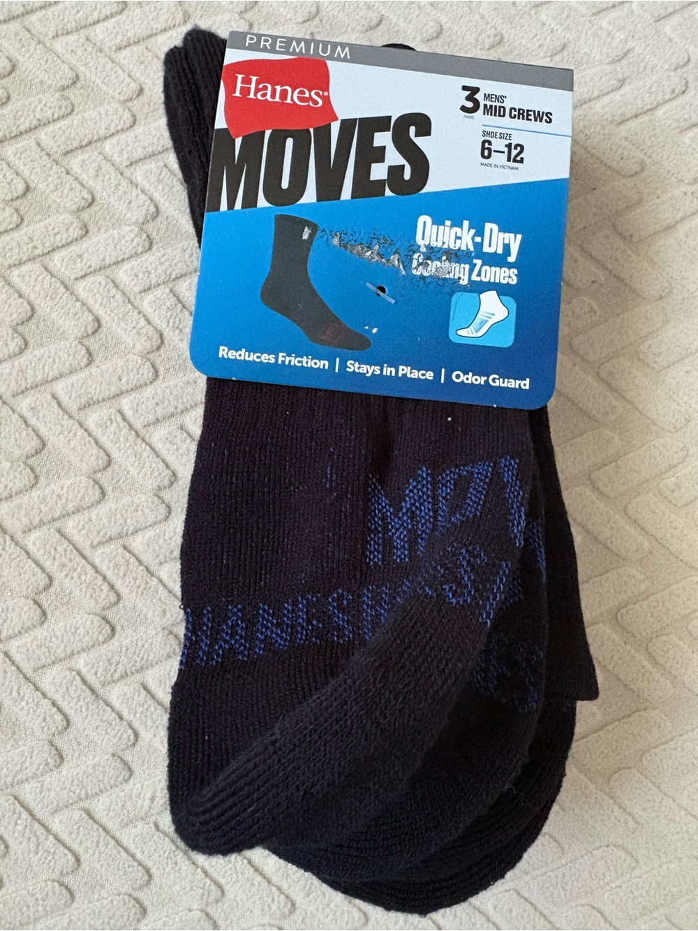 Hanes Men's Black Athletic Mid-Crew Socks with Blue Logo (3 Pack) New